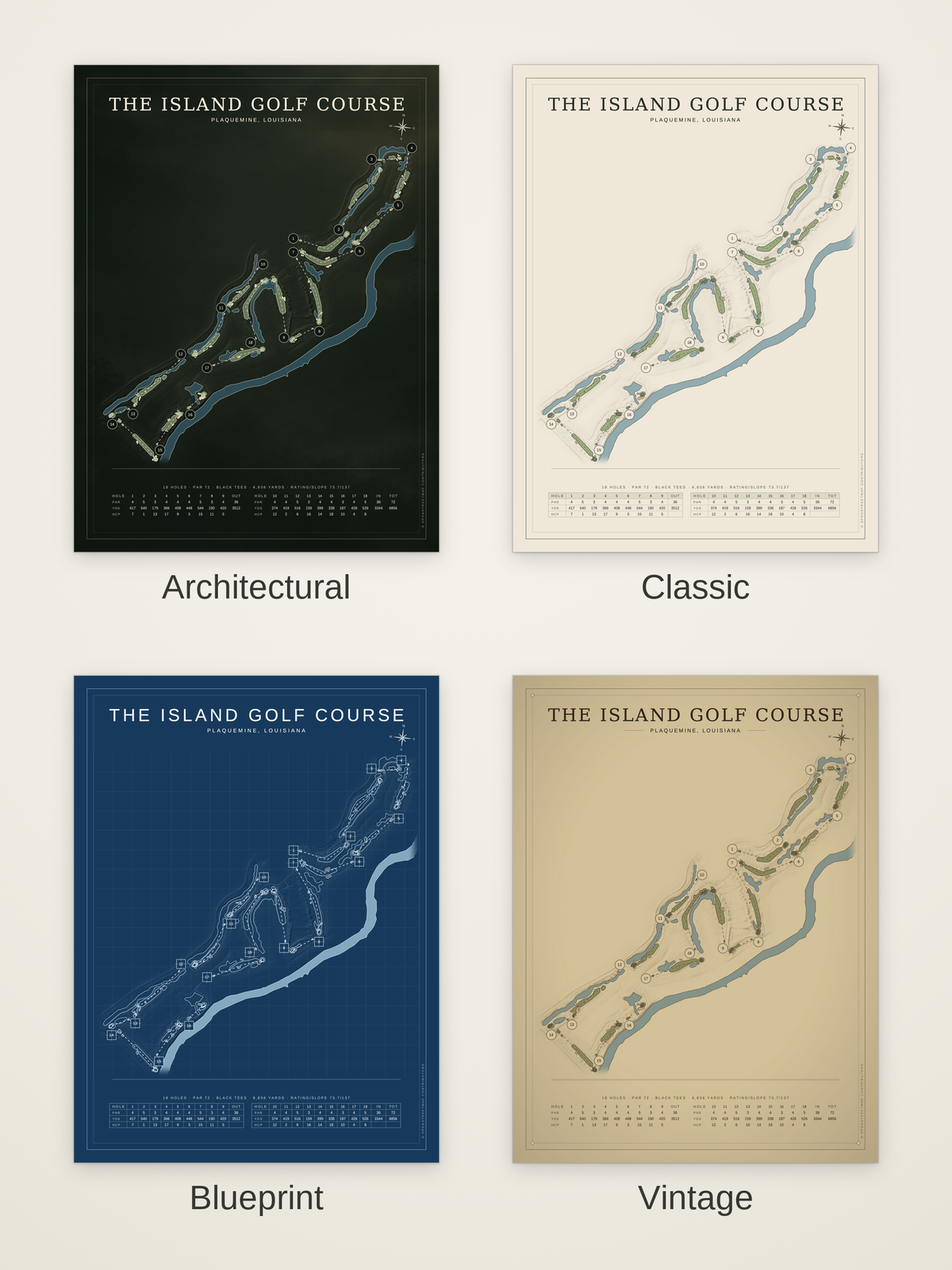 The Island Golf Course map poster in four styles: Architectural, Classic, Blueprint and Vintage