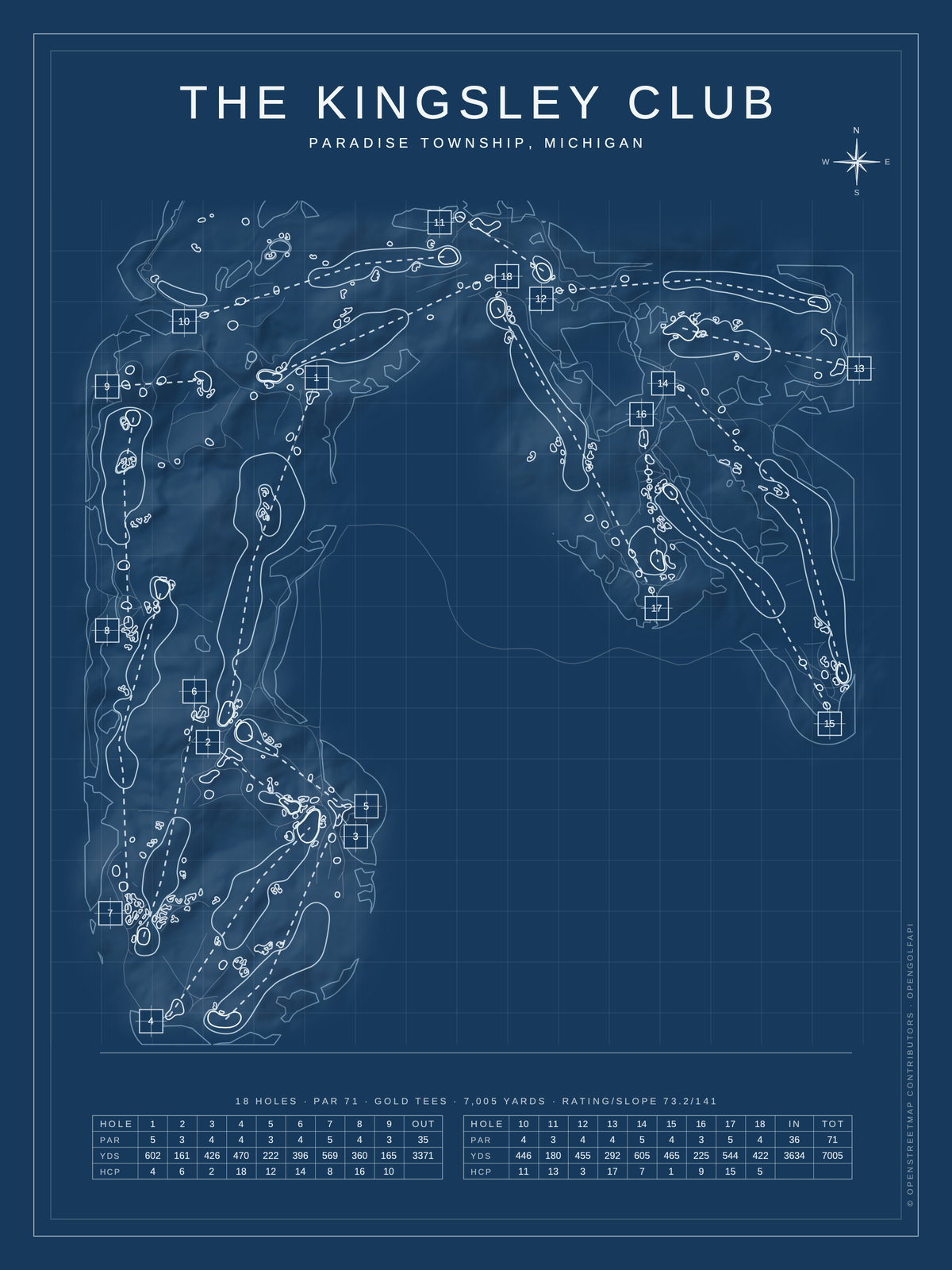 The Kingsley Club course map poster, Blueprint style, 12×16 / 18×24
