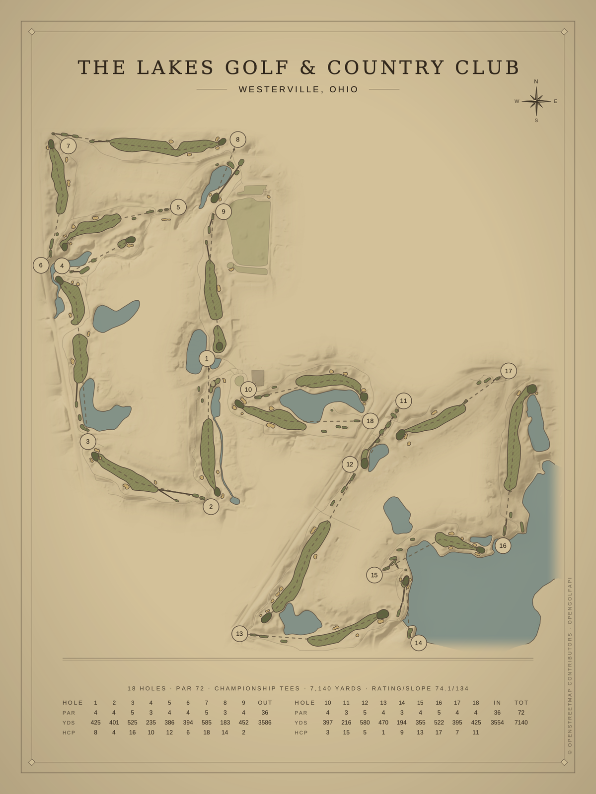 The Lakes Golf & Country Club course map poster, Vintage style, 12×16 / 18×24