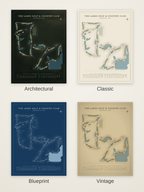 The Lakes Golf & Country Club course map poster in four styles: Architectural, Classic, Blueprint and Vintage