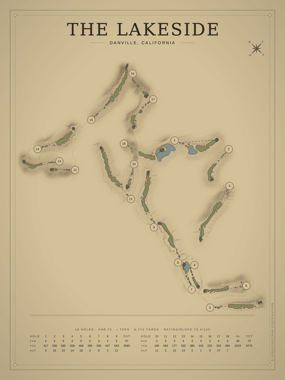 The Lakeside course map poster, Vintage style, 12×16 / 18×24