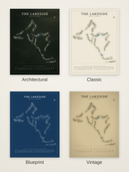 The Lakeside course map poster in four styles: Architectural, Classic, Blueprint and Vintage