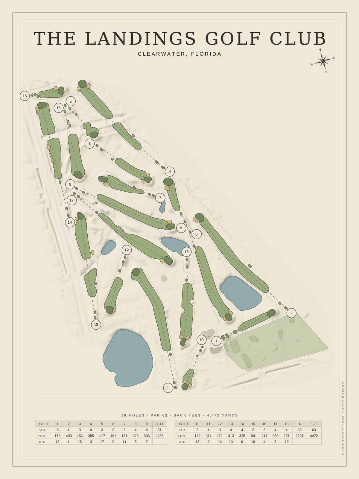 The Landings Golf Club course map poster, Classic style, 12×16 / 18×24