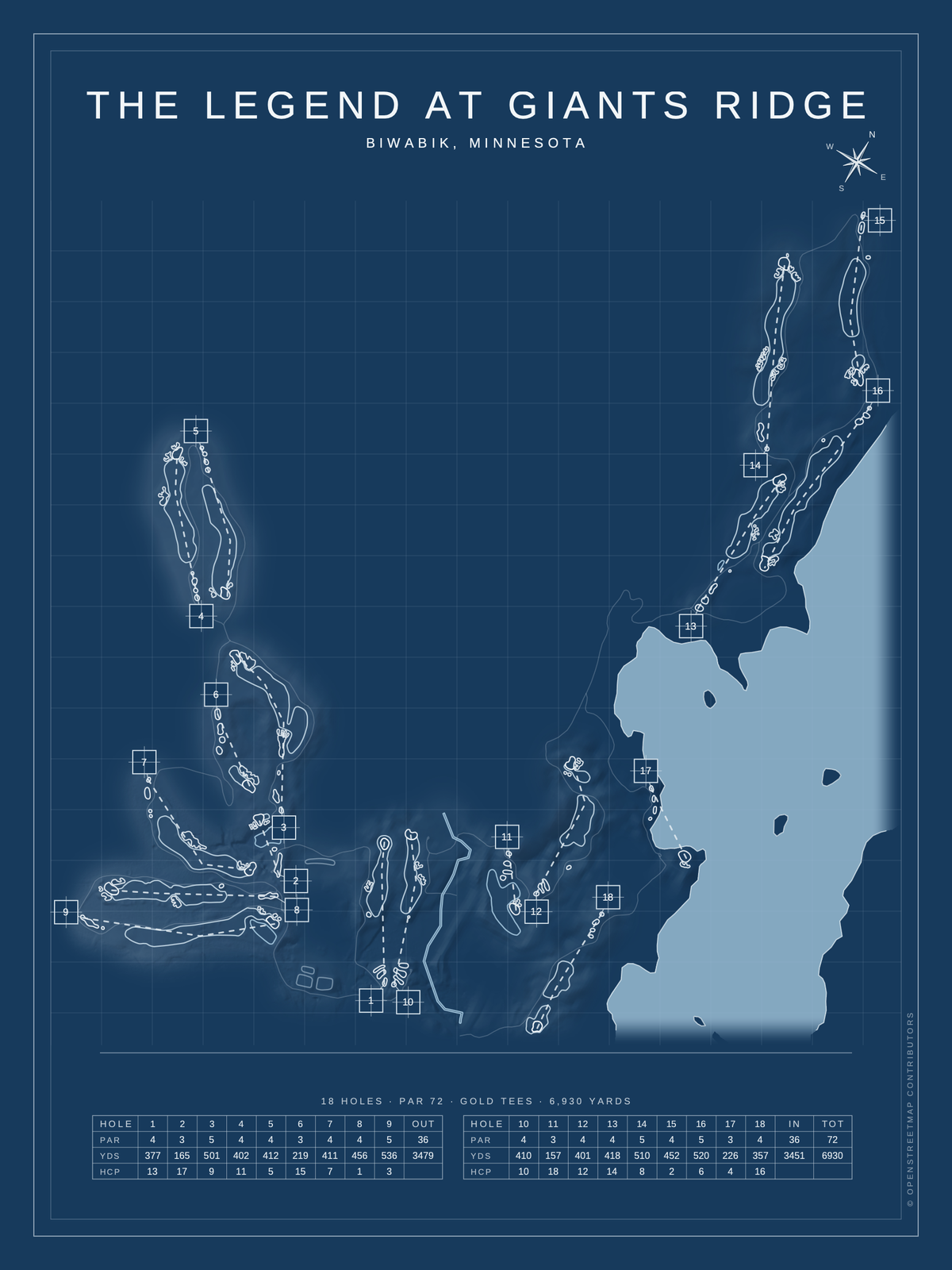 The Legend at Giants Ridge course map poster, Blueprint style, 12×16 / 18×24