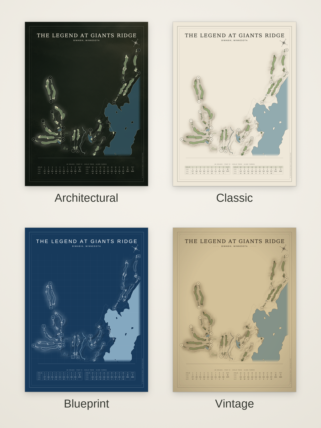 The Legend at Giants Ridge course map poster in four styles: Architectural, Classic, Blueprint and Vintage