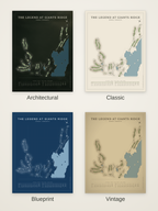 The Legend at Giants Ridge course map poster in four styles: Architectural, Classic, Blueprint and Vintage
