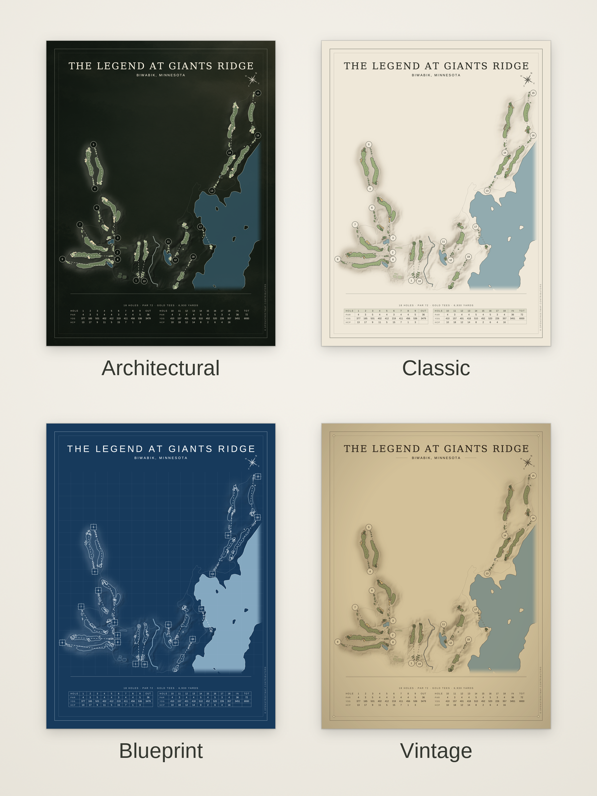 The Legend at Giants Ridge course map poster in four styles: Architectural, Classic, Blueprint and Vintage