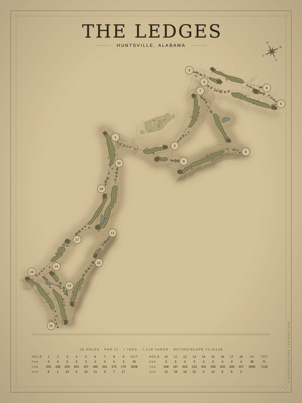 The Ledges course map poster, Vintage style, 12×16 / 18×24
