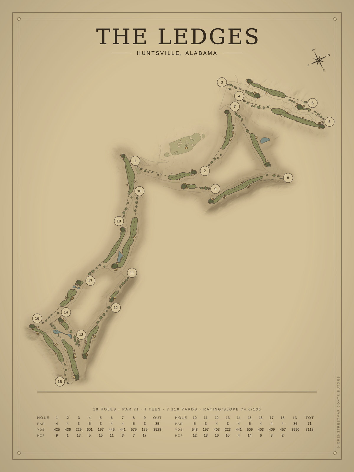The Ledges course map poster, Vintage style, 12×16 / 18×24