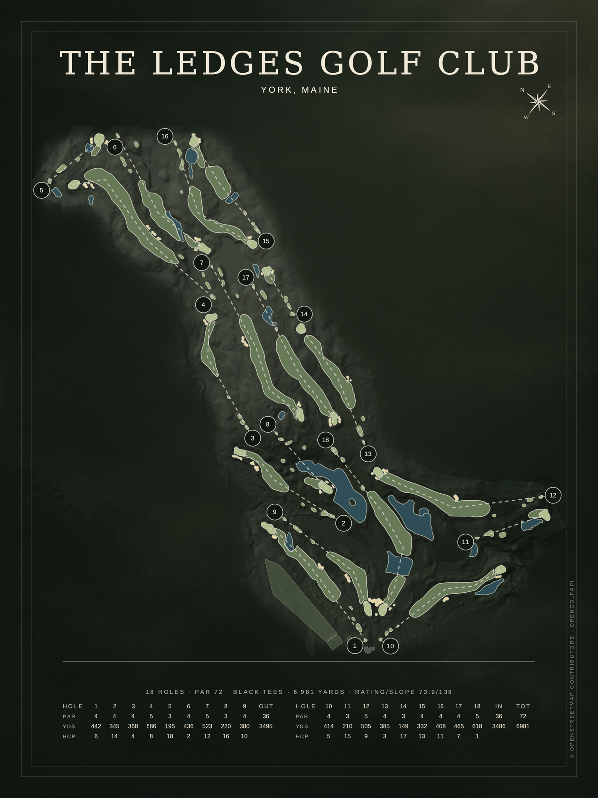 The Ledges Golf Club course map poster, Architectural style, 12×16 / 18×24