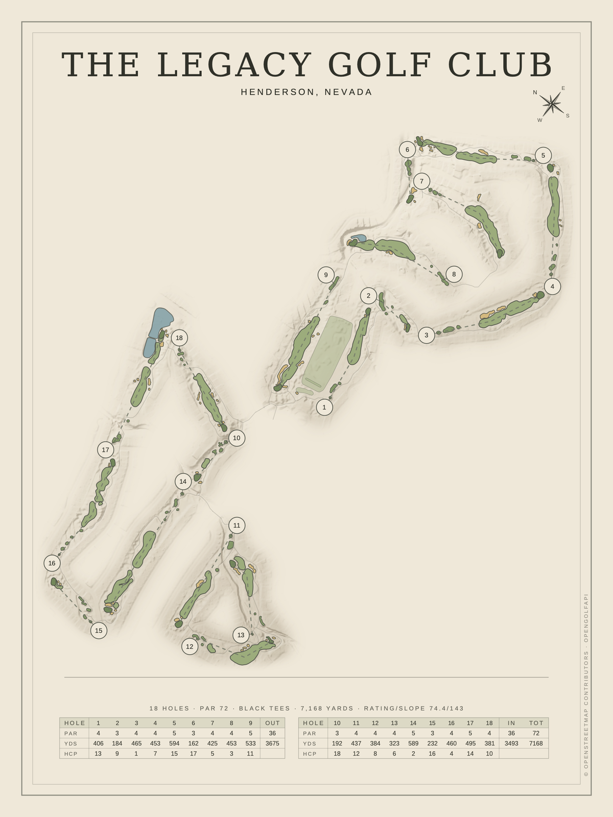 The Legacy Golf Club course map poster, Classic style, 12×16 / 18×24
