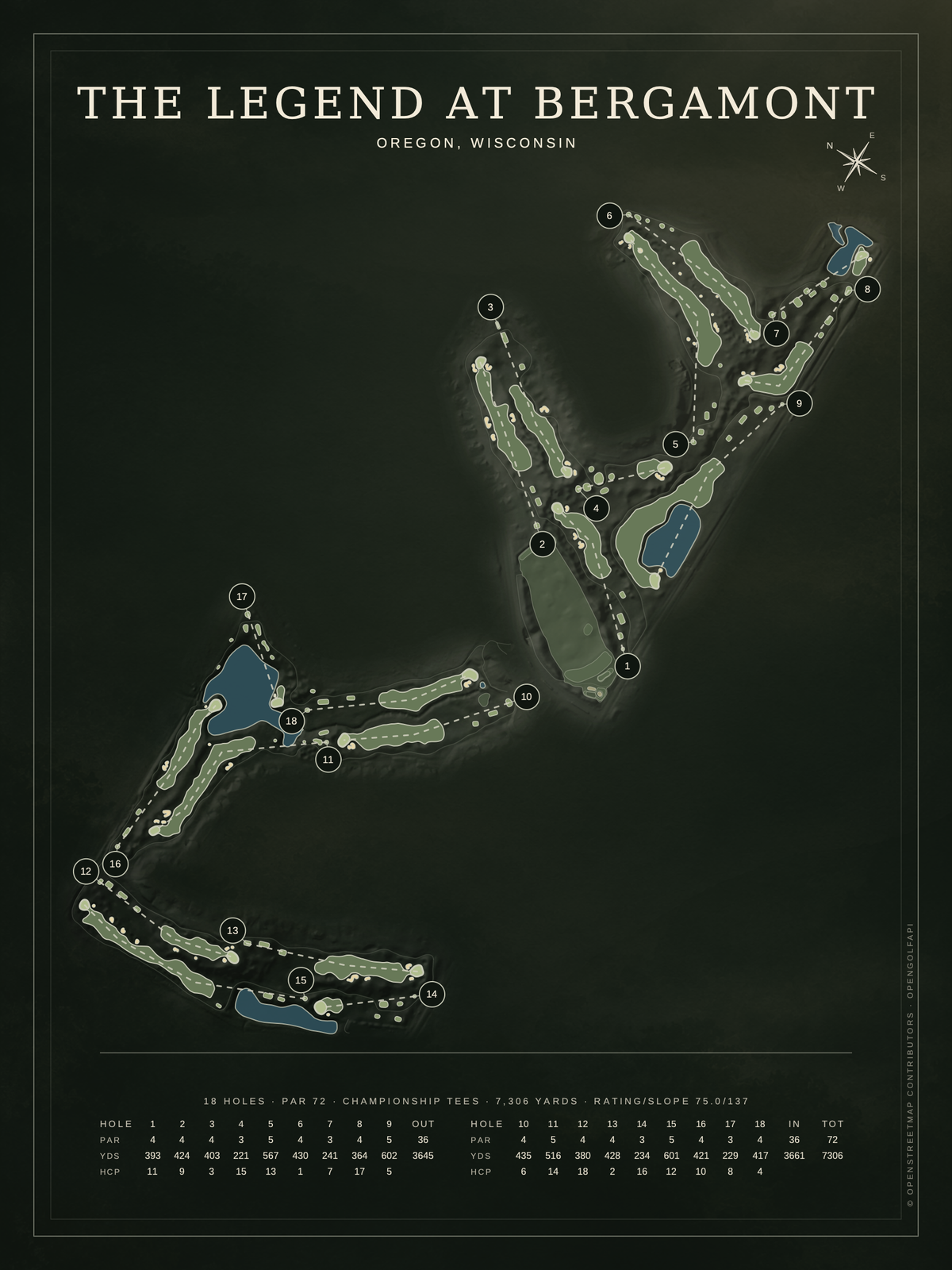 The Legend at Bergamont course map poster, Architectural style, 12×16 / 18×24