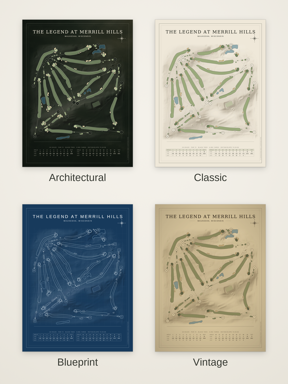 The Legend at Merrill Hills course map poster in four styles: Architectural, Classic, Blueprint and Vintage