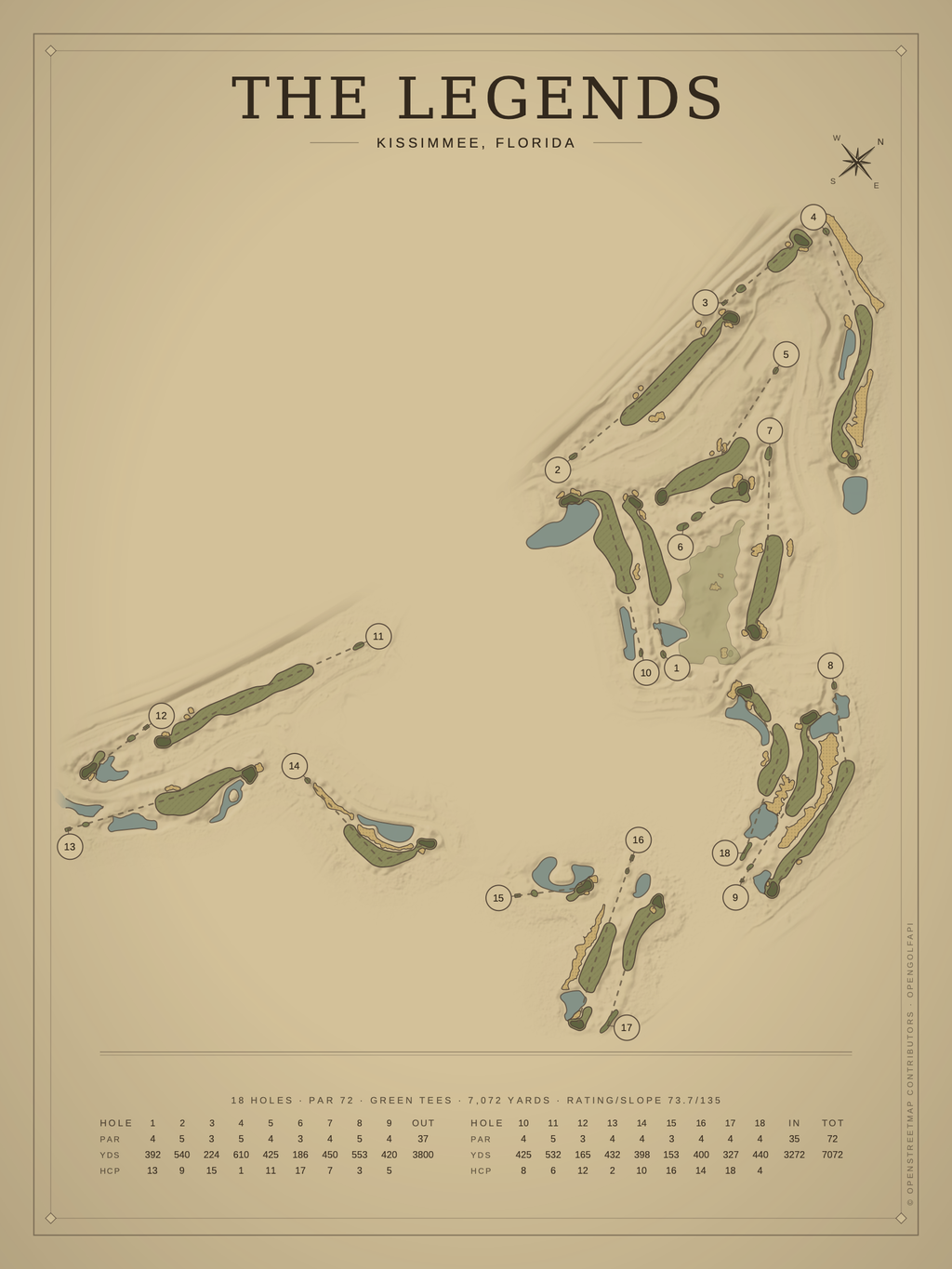 The Legends course map poster, Vintage style, 12×16 / 18×24