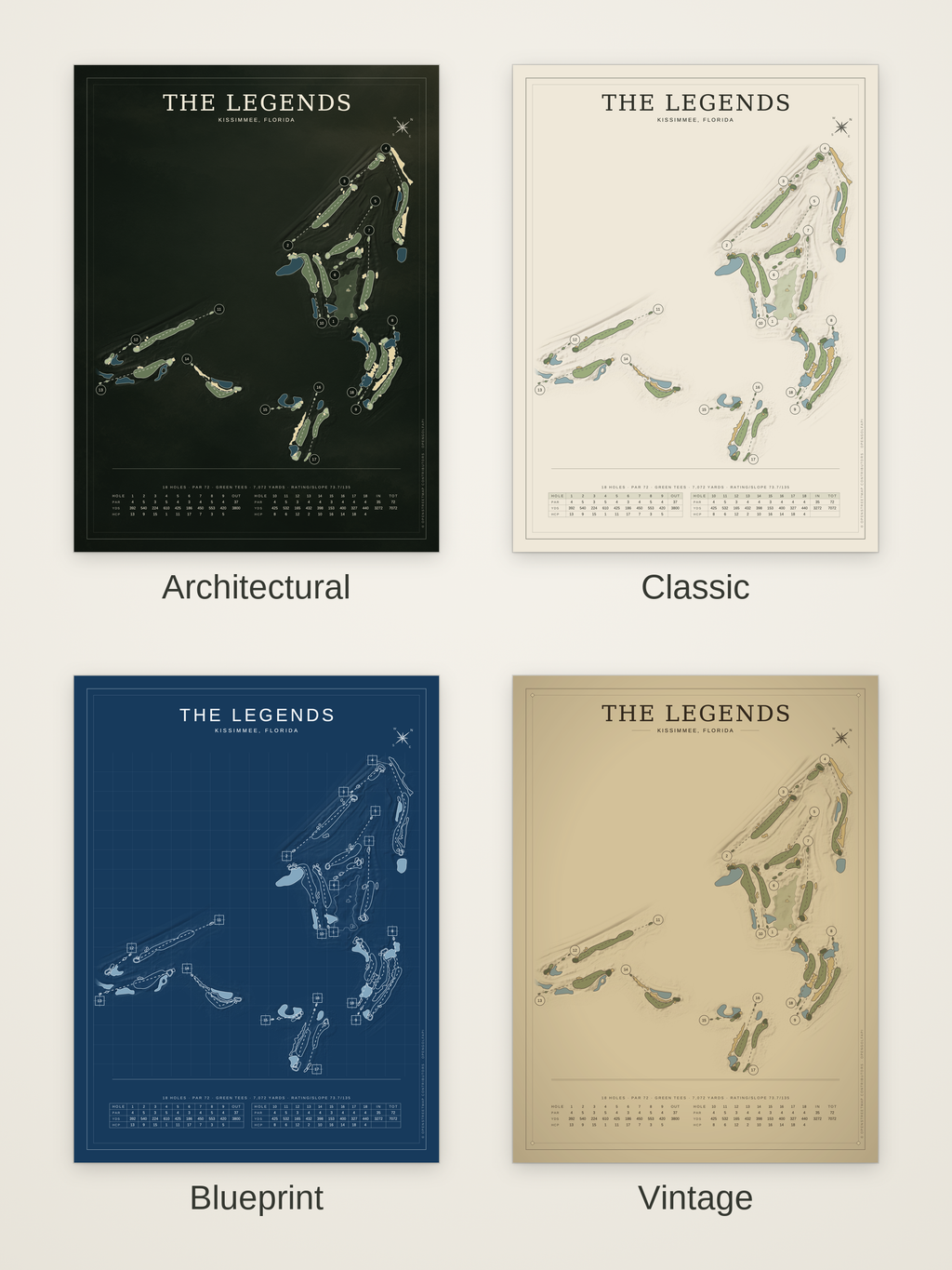 The Legends course map poster in four styles: Architectural, Classic, Blueprint and Vintage