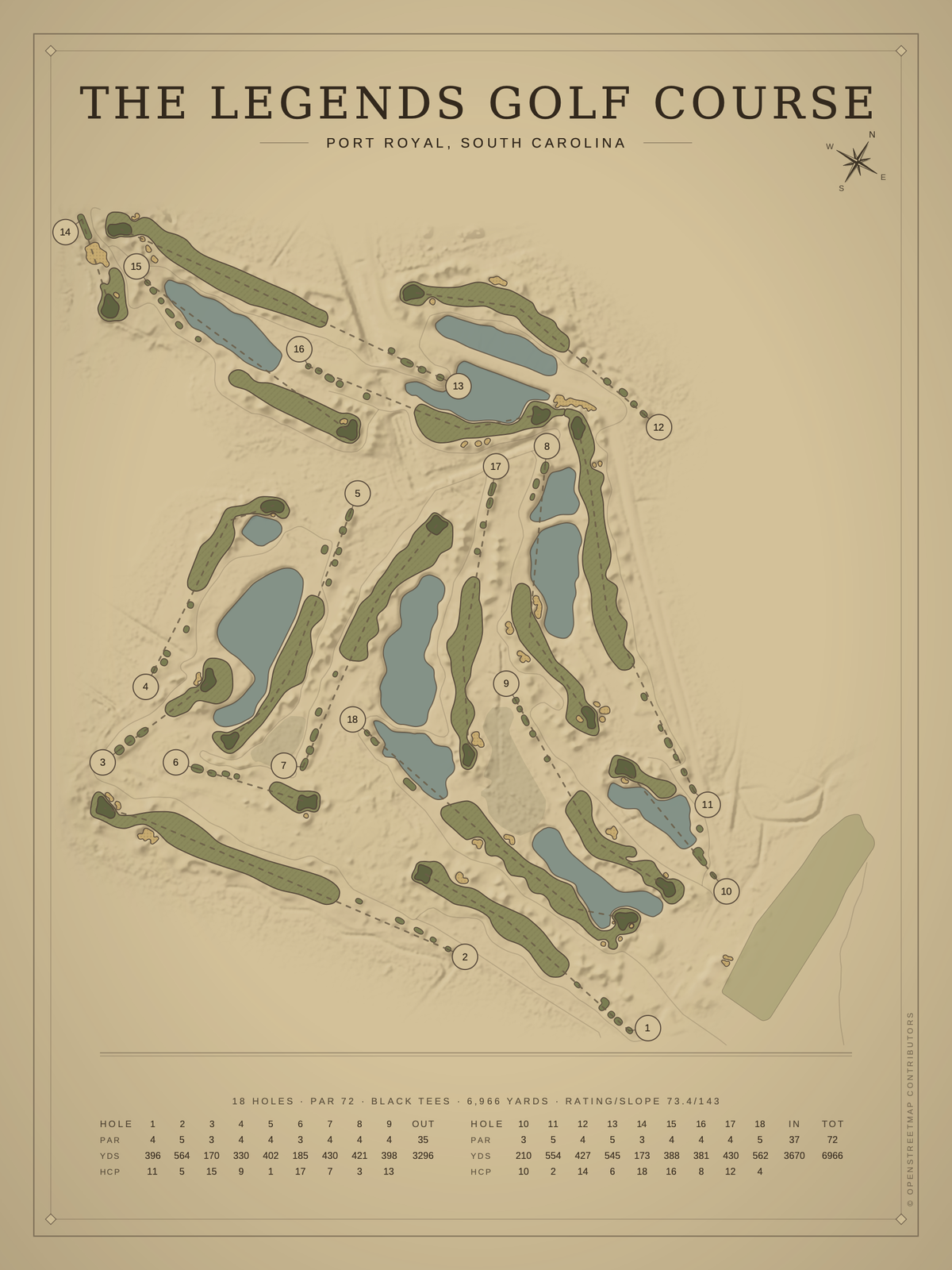 The Legends Golf Course map poster, Vintage style, 12×16 / 18×24