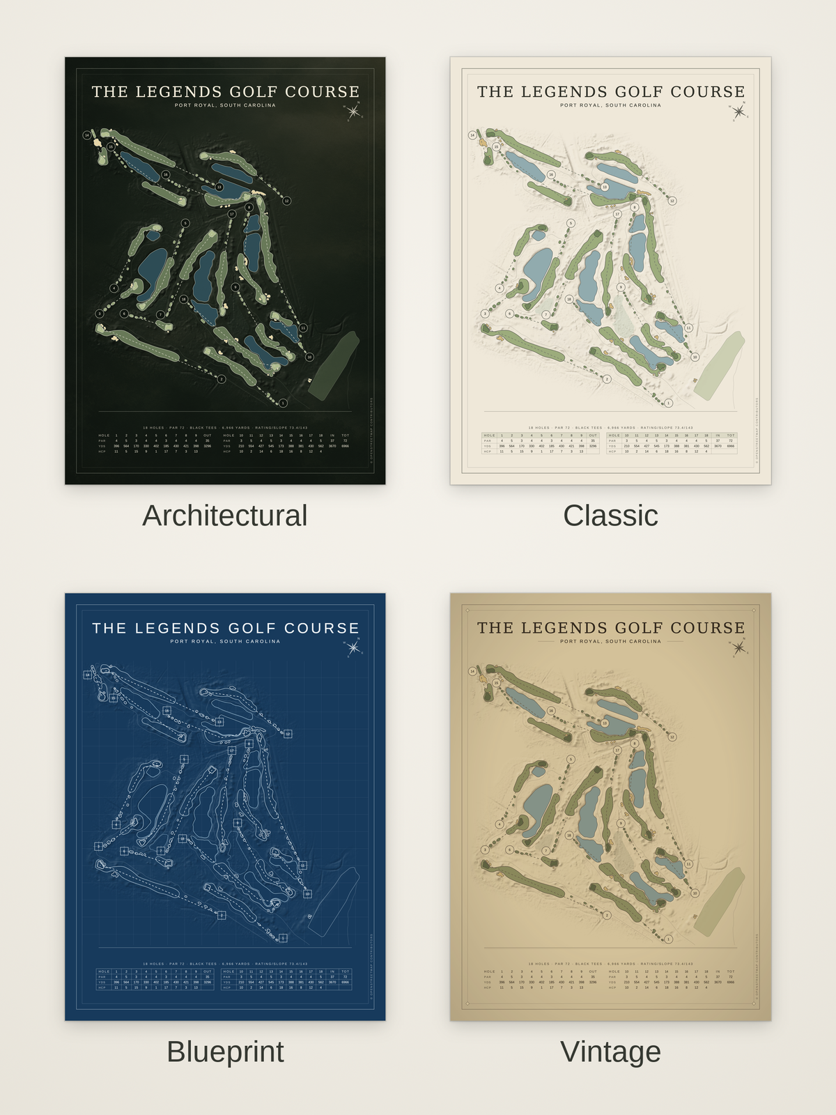 The Legends Golf Course map poster in four styles: Architectural, Classic, Blueprint and Vintage