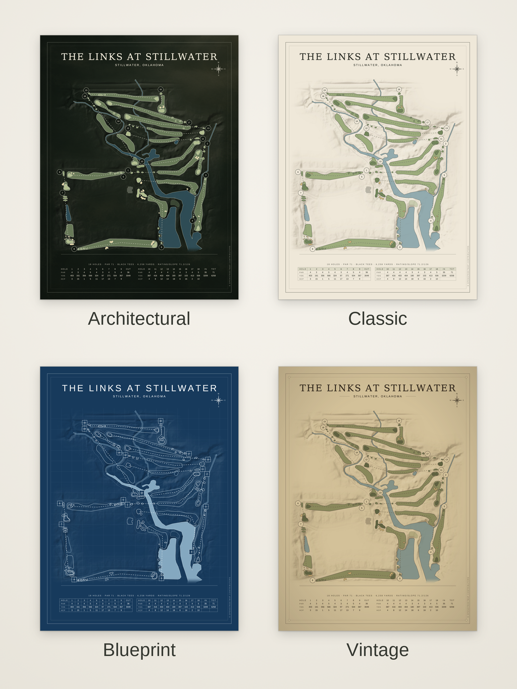 The Links at Stillwater course map poster in four styles: Architectural, Classic, Blueprint and Vintage