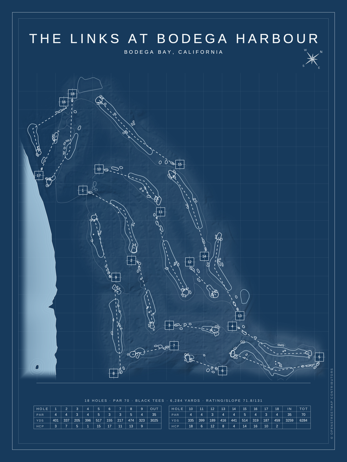 The Links at Bodega Harbour course map poster, Blueprint style, 12×16 / 18×24
