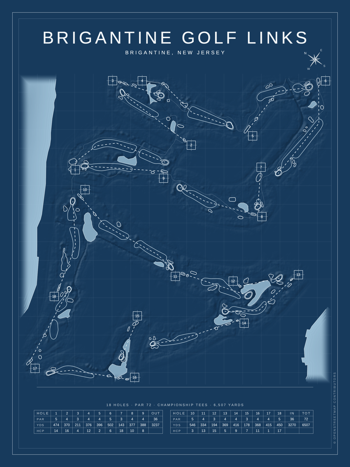 Brigantine Golf Links course map poster, Blueprint style, 12×16 / 18×24