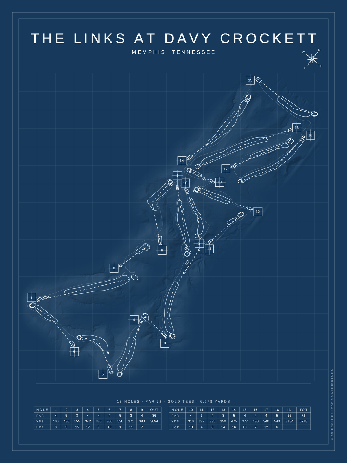 The Links at Davy Crockett course map poster, Blueprint style, 12×16 / 18×24
