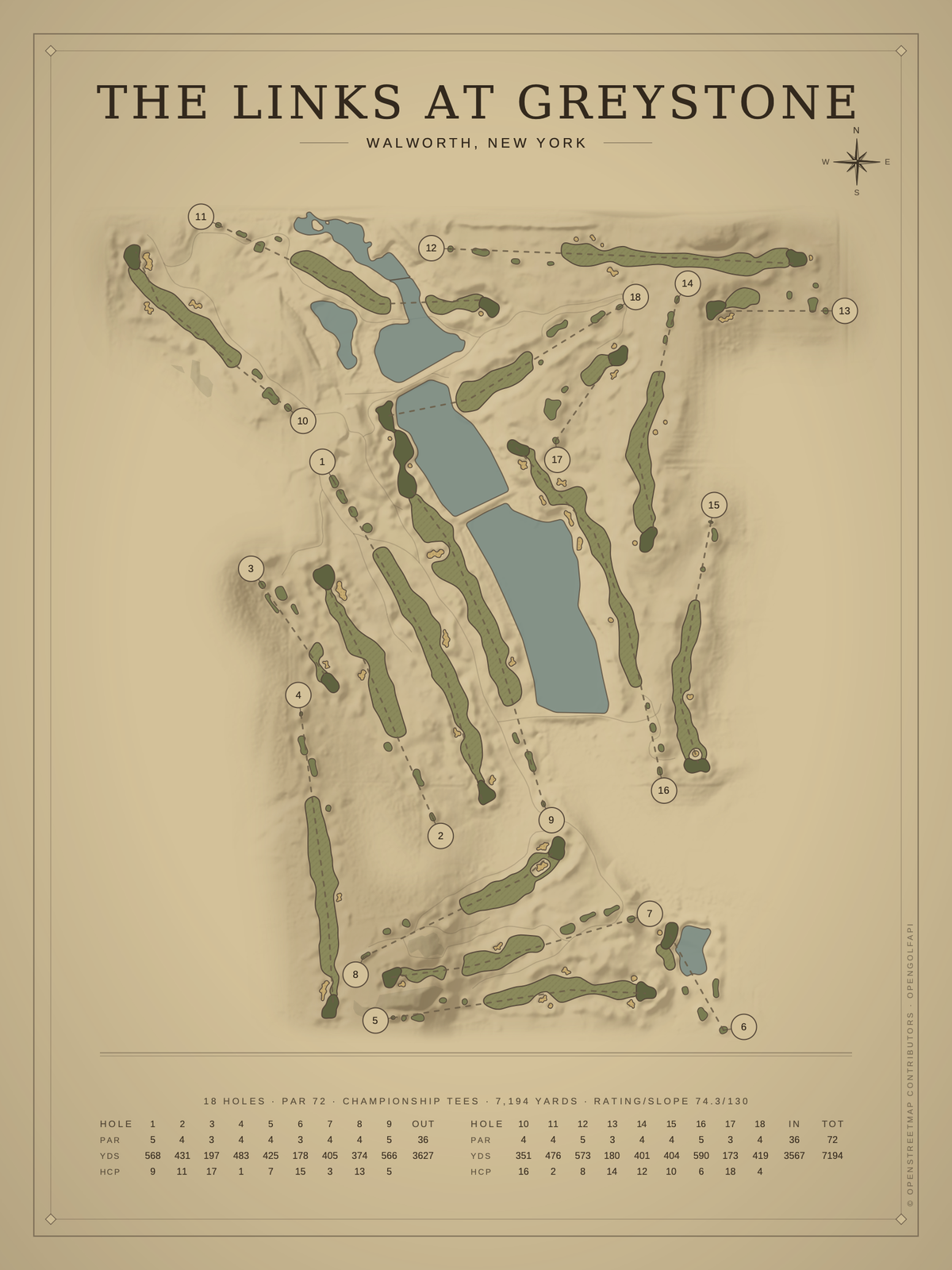 The Links at Greystone course map poster, Vintage style, 12×16 / 18×24