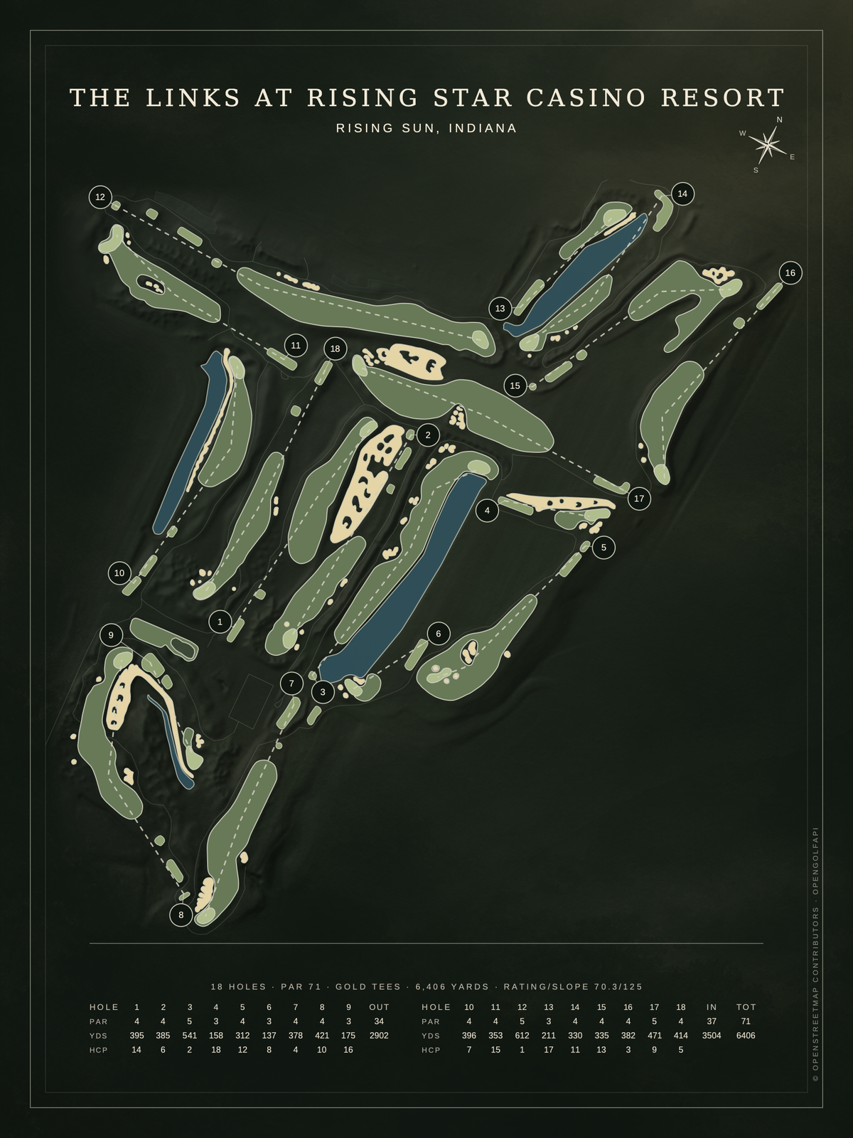 The Links at Rising Star Casino Resort course map poster, Architectural style, 12×16 / 18×24