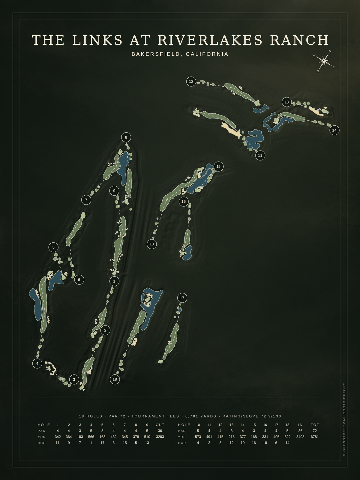 The Links at RiverLakes Ranch course map poster, Architectural style, 12×16 / 18×24
