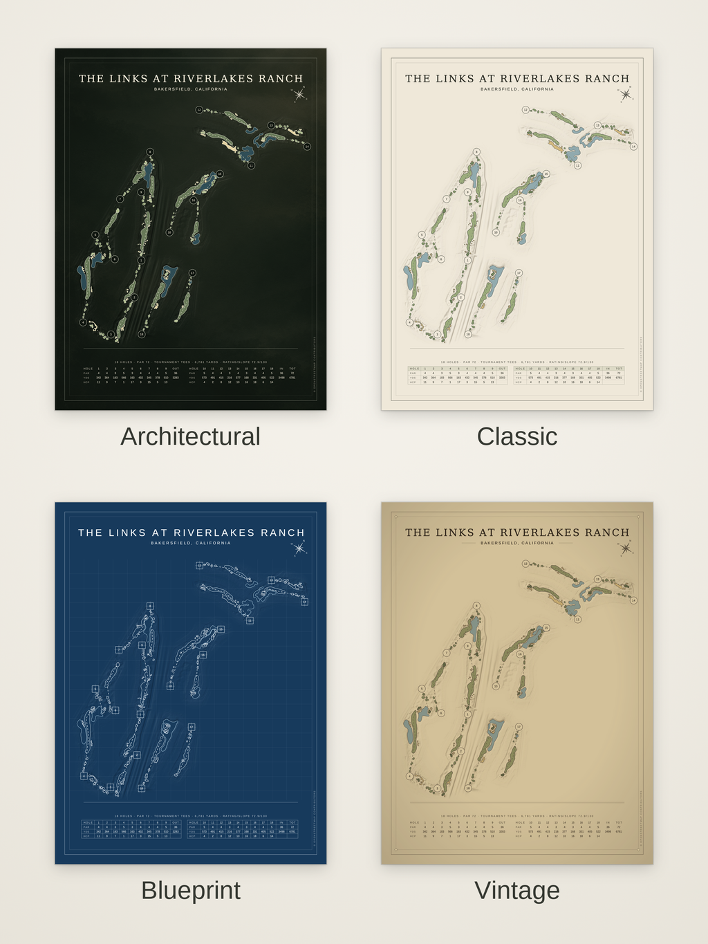 The Links at RiverLakes Ranch course map poster in four styles: Architectural, Classic, Blueprint and Vintage