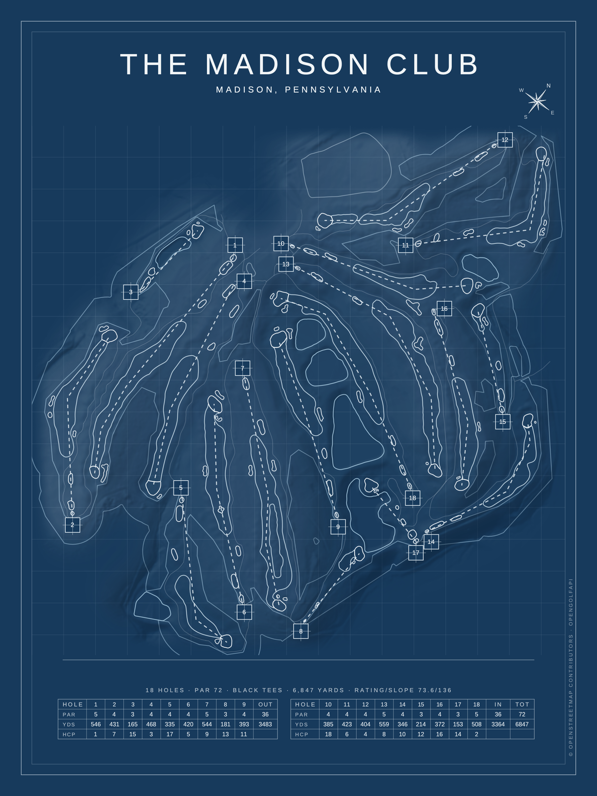 The Madison Club course map poster, Blueprint style, 12×16 / 18×24