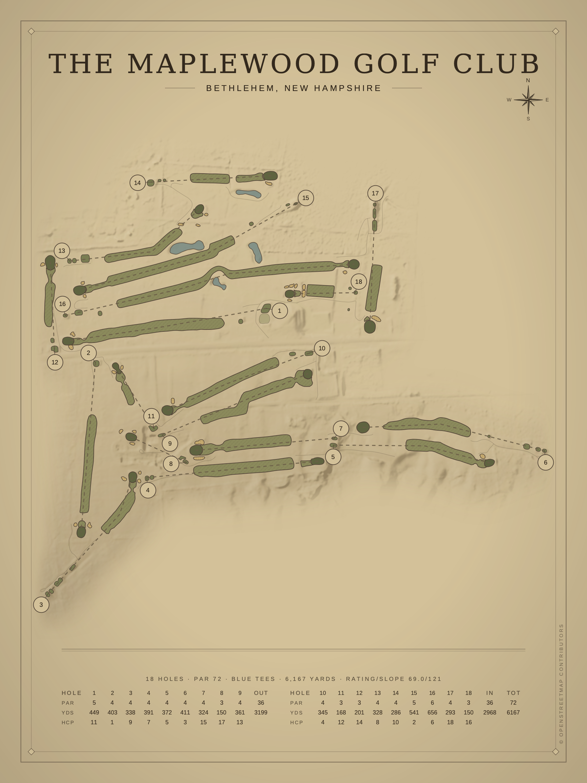 The Maplewood Golf Club course map poster, Vintage style, 12×16 / 18×24
