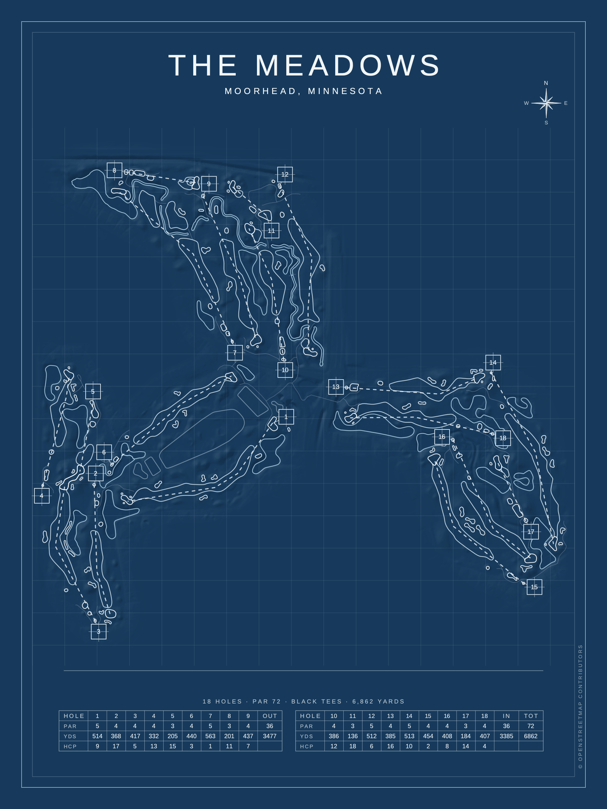 The Meadows course map poster, Blueprint style, 12×16 / 18×24