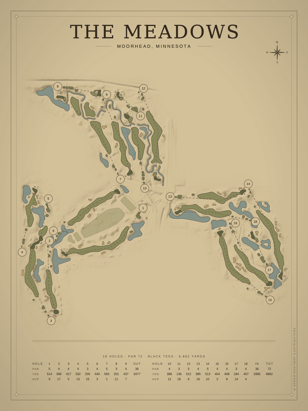 The Meadows course map poster, Vintage style, 12×16 / 18×24