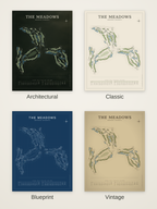 The Meadows course map poster in four styles: Architectural, Classic, Blueprint and Vintage
