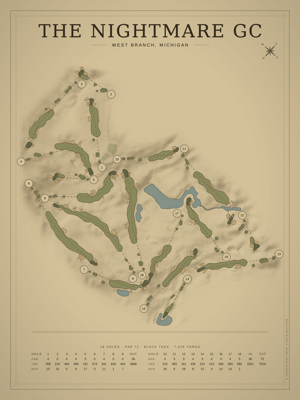 The Nightmare GC course map poster, Vintage style, 12×16 / 18×24