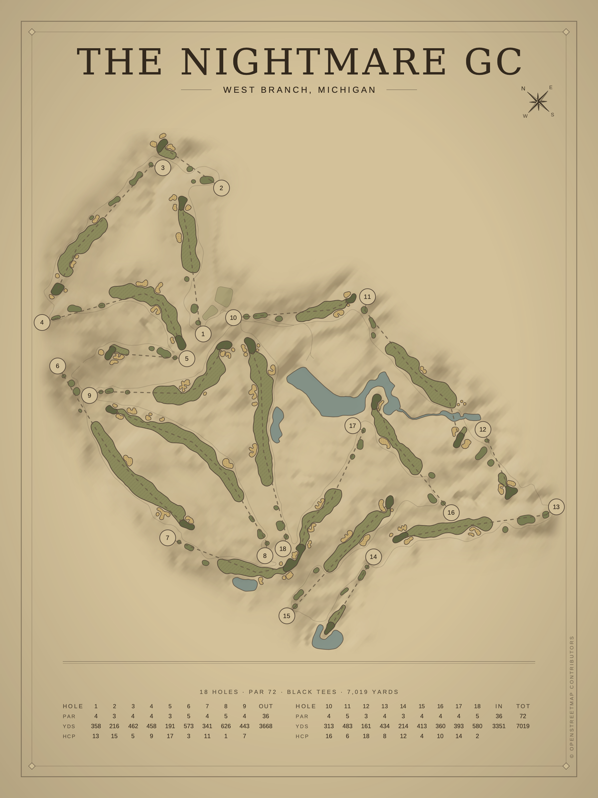The Nightmare GC course map poster, Vintage style, 12×16 / 18×24