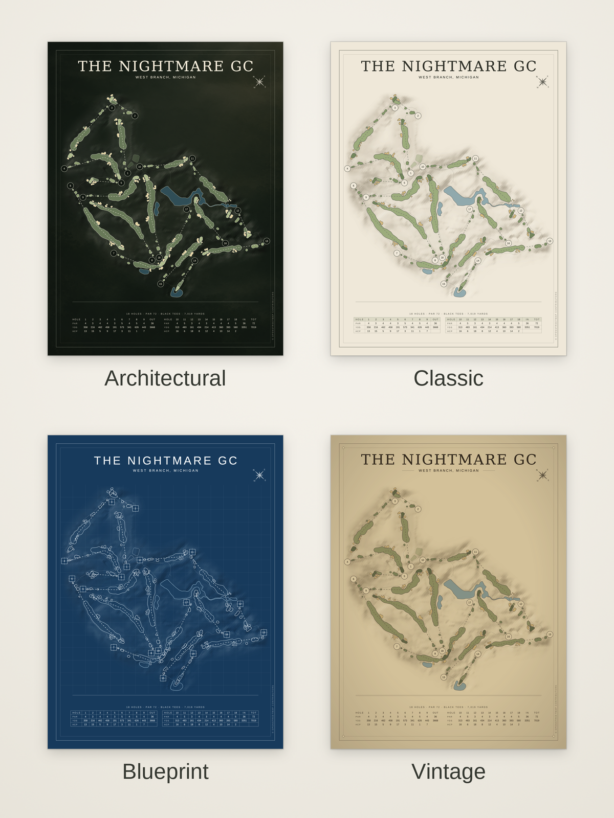 The Nightmare GC course map poster in four styles: Architectural, Classic, Blueprint and Vintage