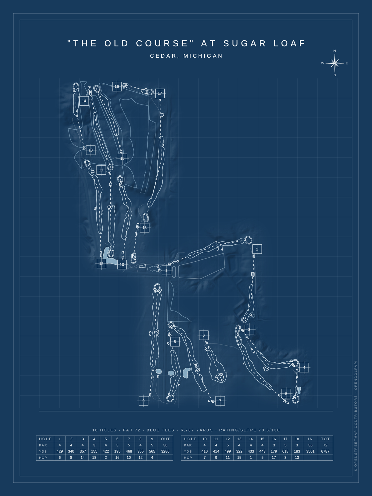 "The Old Course" at Sugar Loaf course map poster, Blueprint style, 12×16 / 18×24