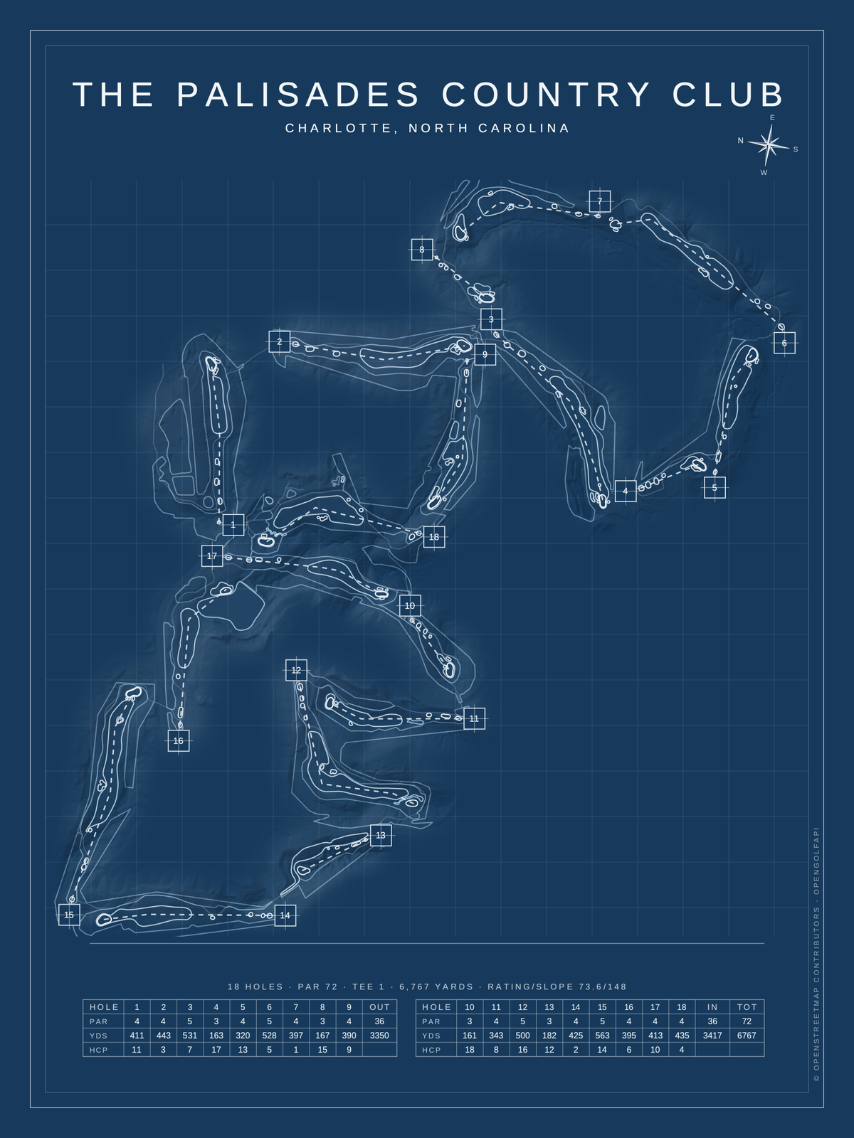 The Palisades Country Club course map poster, Blueprint style, 12×16 / 18×24