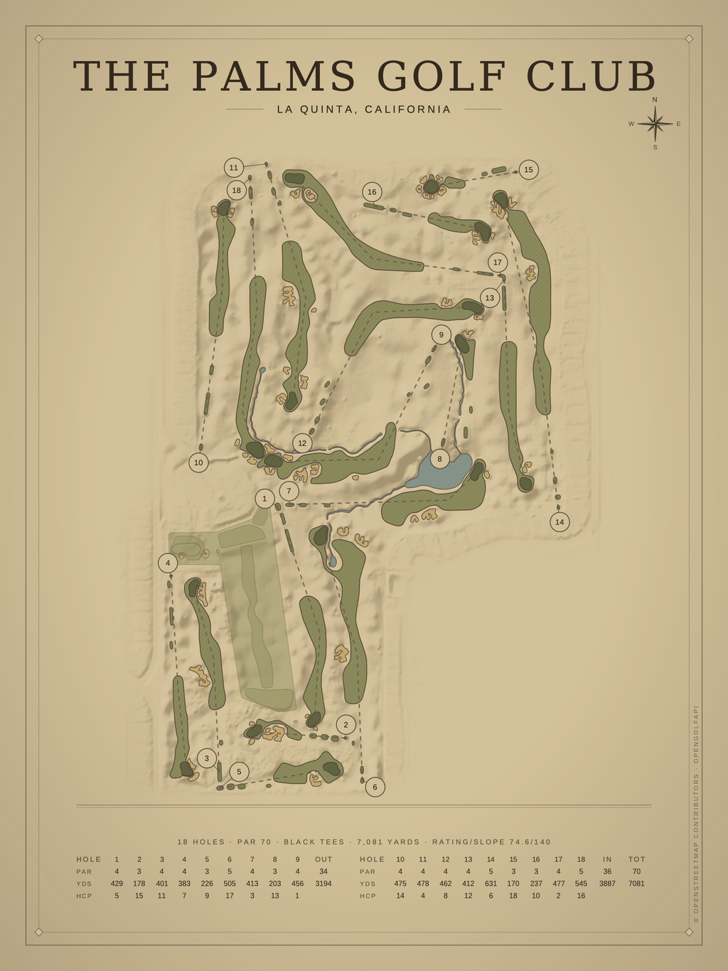 The Palms Golf Club course map poster, Vintage style, 12×16 / 18×24