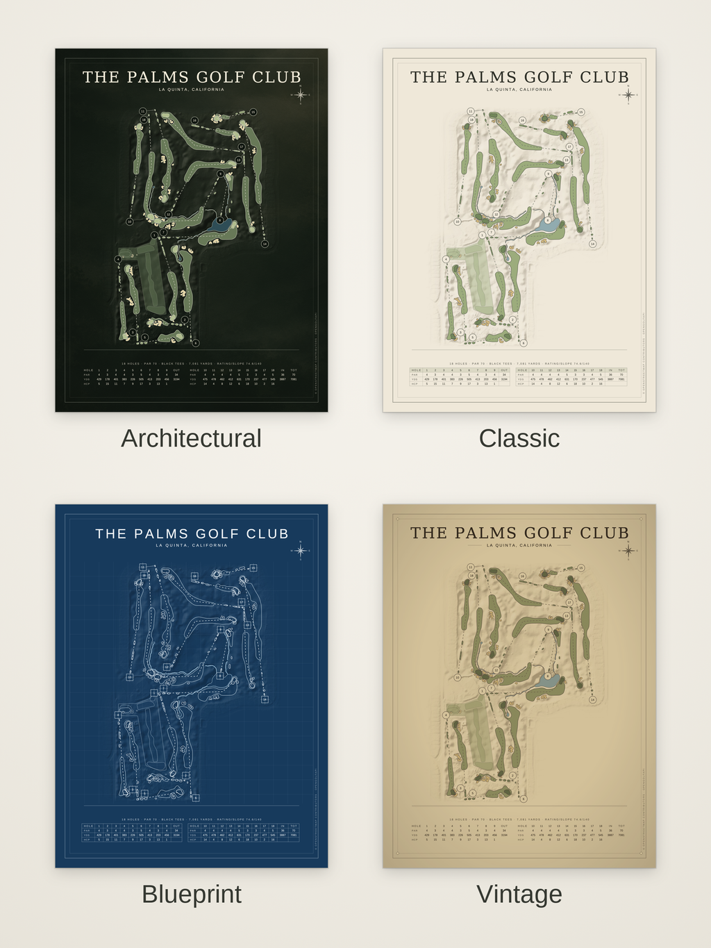The Palms Golf Club course map poster in four styles: Architectural, Classic, Blueprint and Vintage