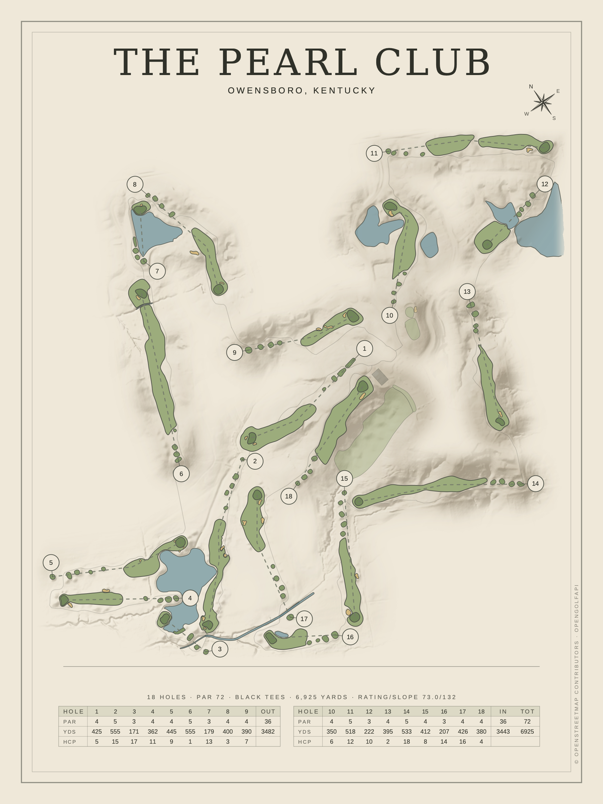 The Pearl Club course map poster, Classic style, 12×16 / 18×24