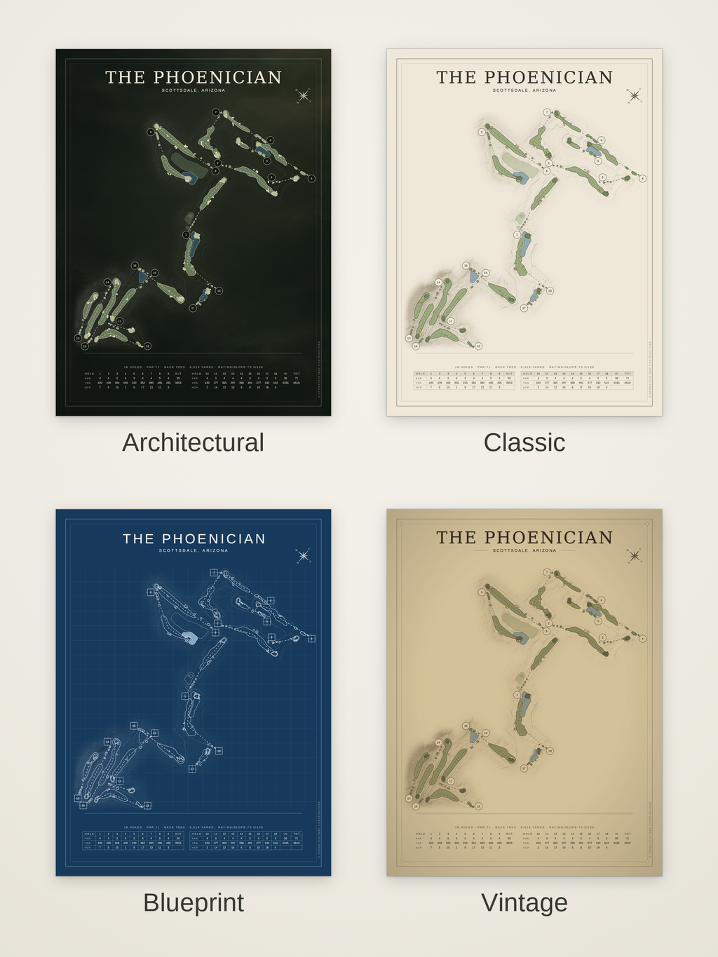 The Phoenician course map poster in four styles: Architectural, Classic, Blueprint and Vintage