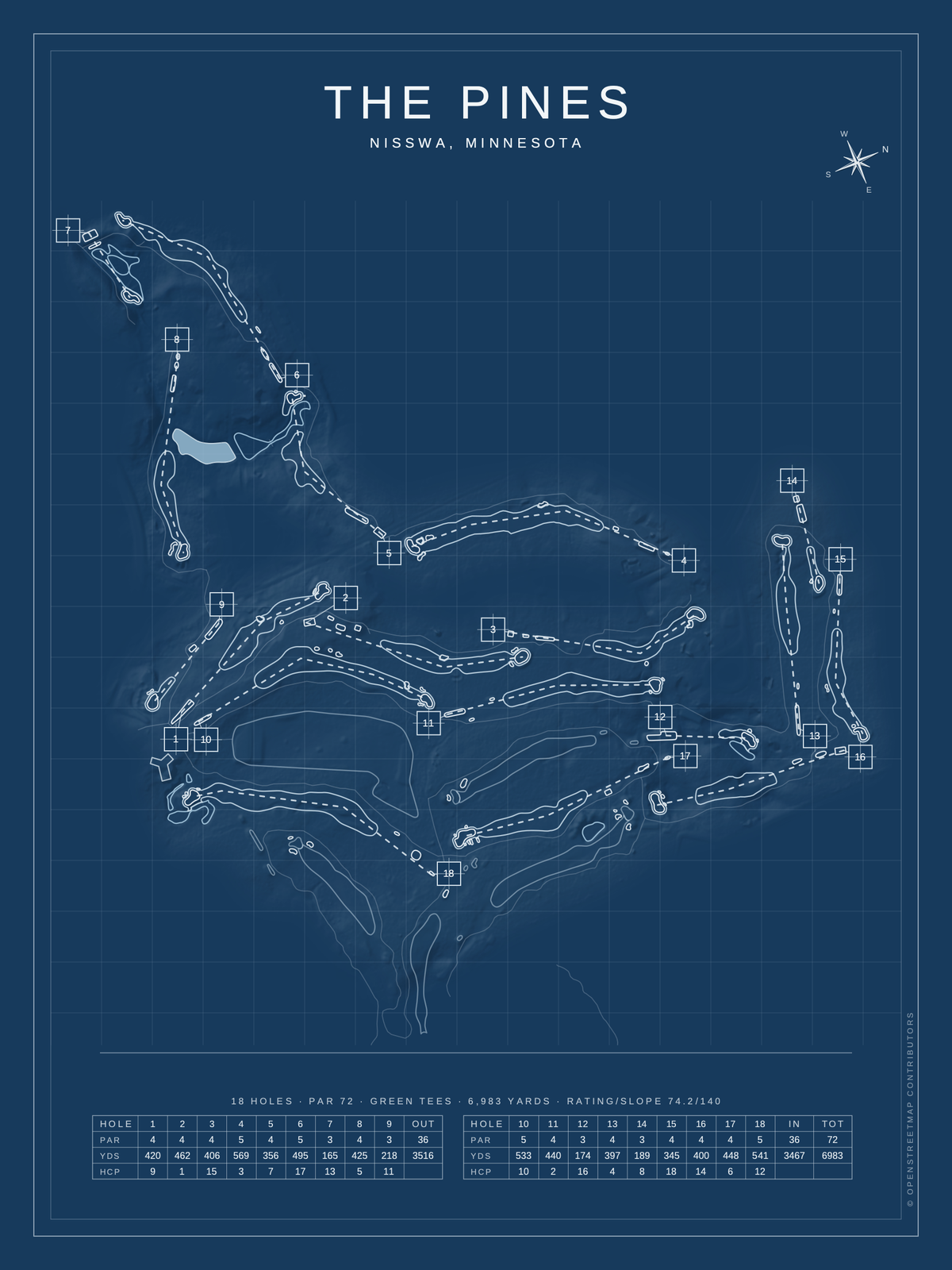 The Pines course map poster, Blueprint style, 12×16 / 18×24