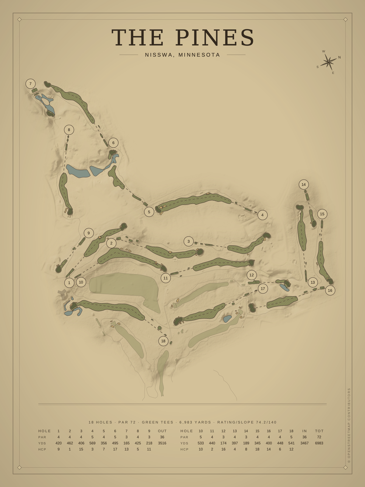 The Pines course map poster, Vintage style, 12×16 / 18×24