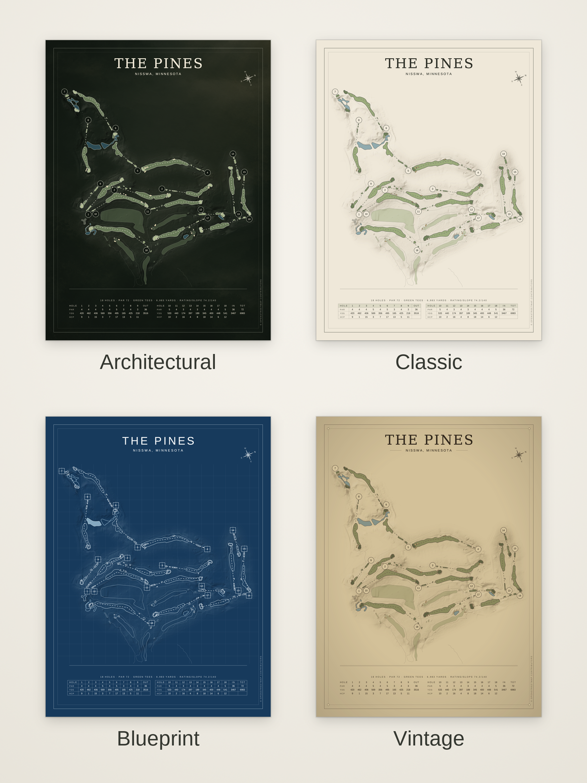 The Pines course map poster in four styles: Architectural, Classic, Blueprint and Vintage