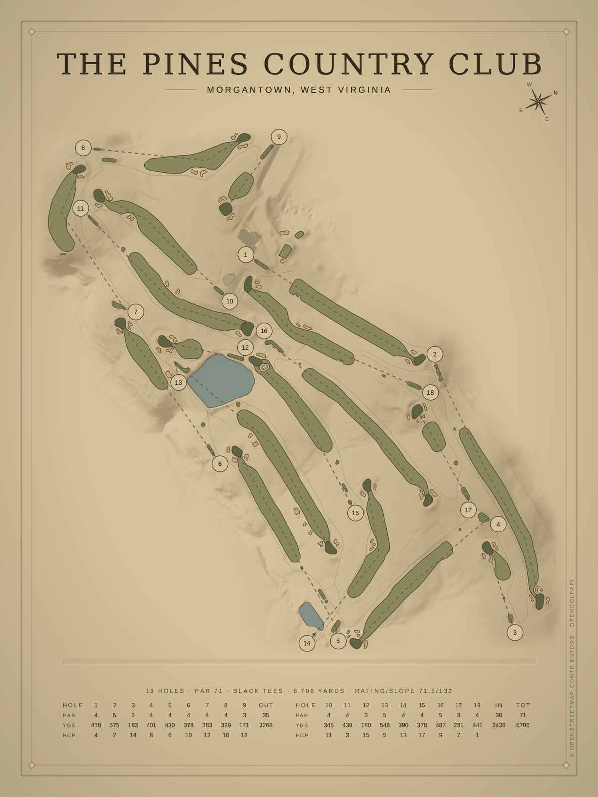 The Pines Country Club course map poster, Vintage style, 12×16 / 18×24