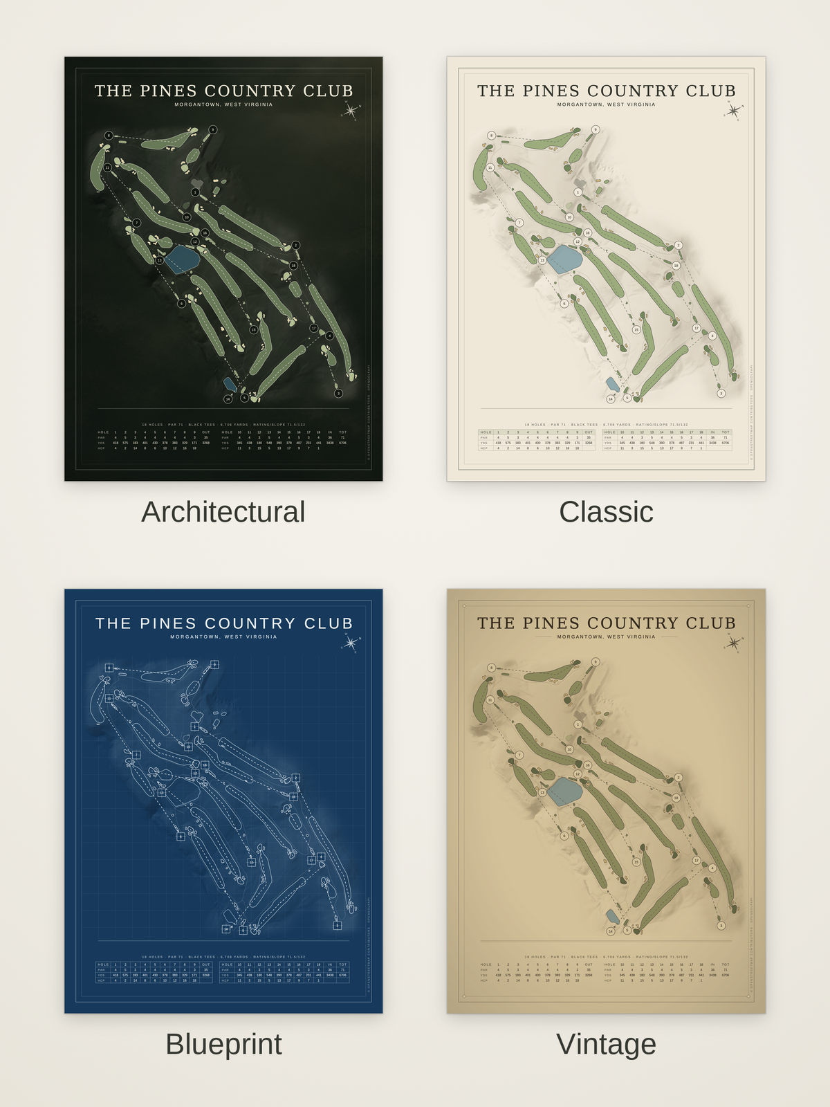 The Pines Country Club course map poster in four styles: Architectural, Classic, Blueprint and Vintage