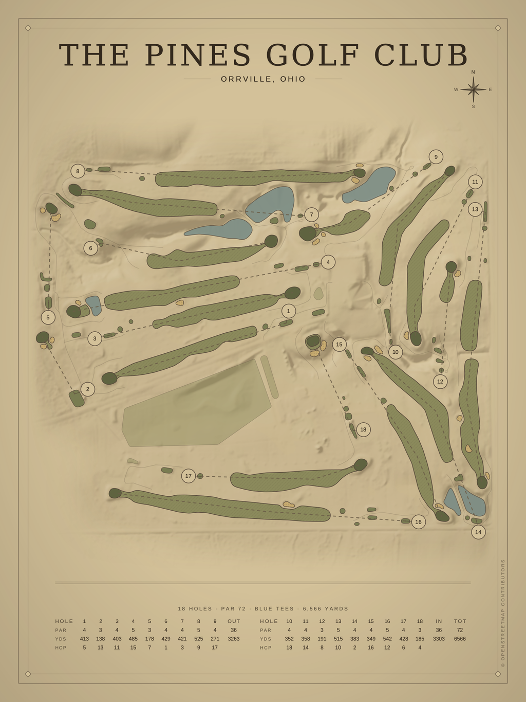 The Pines Golf Club course map poster, Vintage style, 12×16 / 18×24