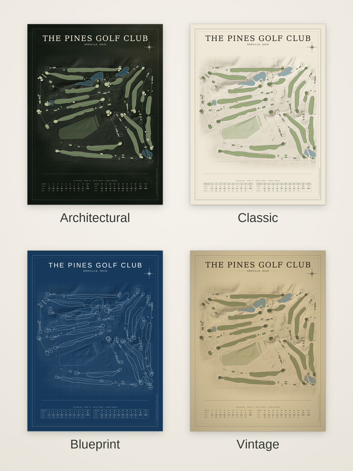 The Pines Golf Club course map poster in four styles: Architectural, Classic, Blueprint and Vintage